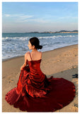 Modest Mermaid Spaghetti Straps Sleeveless Maroon Red Long Evening Dress Prom Dresses HZ1214