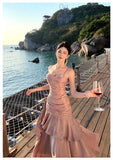 Pretty Mermaid Spaghetti Straps Sleeveless Pink Prom Gown Long Evening Dress Prom Dresses HZ1214