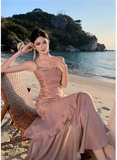 Pretty Mermaid Spaghetti Straps Sleeveless Pink Prom Gown Long Evening Dress Prom Dresses HZ1214