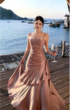 Pretty Mermaid Spaghetti Straps Sleeveless Pink Prom Gown Long Evening Dress Prom Dresses HZ1214