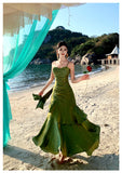 Pretty Mermaid Spaghetti Straps Sleeveless Green Prom Gown Long Evening Dress Prom Dresses HZ1214