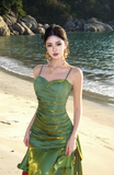 Pretty Mermaid Spaghetti Straps Sleeveless Green Prom Gown Long Evening Dress Prom Dresses HZ1214