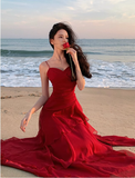Modest Mermaid Spaghetti Straps Sleeveless Red Long Evening Dress Prom Dresses HZ1214