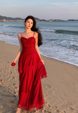 Modest Mermaid Spaghetti Straps Sleeveless Red Long Evening Dress Prom Dresses HZ1214