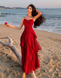 Modest Mermaid Spaghetti Straps Sleeveless Red Long Evening Dress Prom Dresses HZ1214