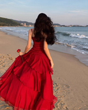 Modest Mermaid Spaghetti Straps Sleeveless Red Long Evening Dress Prom Dresses HZ1214