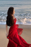 Modest Mermaid Spaghetti Straps Sleeveless Red Long Evening Dress Prom Dresses HZ1214