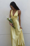 Chic Halter V-Neck Pleated Satin Sleeveless Long Party Dress Prom Dresses HZ1214
