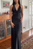 Chic Halter V-Neck Pleated Satin Sleeveless Long Party Dress Prom Dresses HZ1214