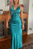 Chic Halter V-Neck Pleated Satin Sleeveless Long Party Dress Prom Dresses HZ1214