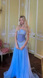 Classy Mermaid Luxury Baby Blue Pearl Chiffon Prom Dress Princess Birthday Dress Long Prom Dresses HZ1214