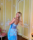 Classy Mermaid Luxury Baby Blue Pearl Chiffon Prom Dress Princess Birthday Dress Long Prom Dresses HZ1214