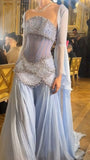Classy Mermaid Luxury Baby Blue Pearl Chiffon Prom Dress Princess Birthday Dress Long Prom Dresses HZ1214