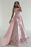 Elegant Pink A-Line Strapless Satin Party Dress with Appliques and Court Train HZ1214