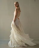 Chic Beige Pleated Strapless Contrast Color Stitching Prom Dress Long Prom Dresses HZ1214