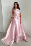 Elegant Pink A-Line Strapless Satin Party Dress with Appliques and Court Train HZ1214