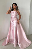 Elegant Pink A-Line Strapless Satin Party Dress with Appliques and Court Train HZ1214