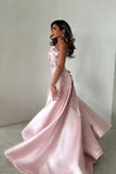 Elegant Pink A-Line Strapless Satin Party Dress with Appliques and Court Train HZ1214