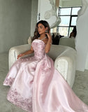Elegant Pink A-Line Strapless Satin Party Dress with Appliques and Court Train HZ1214