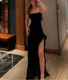 Classy Black Strapless Sheath Ruffles Long Evening Dress Birthday Outfits Party Dress Formal Dress HZ1214