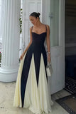 Elegant Pink A-Line Spaghetti Straps Black Satin Party Dress Long Prom Dresses HZ1214