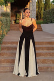 Elegant Pink A-Line Spaghetti Straps Black Satin Party Dress Long Prom Dresses HZ1214