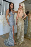 Elegant Gold Sequins Mermaid Long Prom Dresses with Slit Sexy Prom Dress HZ1214