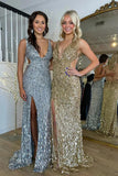Elegant Gold Sequins Mermaid Long Prom Dresses with Slit Sexy Prom Dress HZ1214