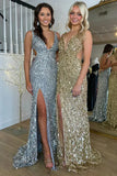 Elegant Gold Sequins Mermaid Long Prom Dresses with Slit Sexy Prom Dress HZ1214
