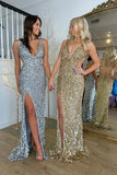 Elegant Gold Sequins Mermaid Long Prom Dresses with Slit Sexy Prom Dress HZ1214
