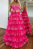 Chic Glitter Ball Gown Hot Pink Corset Off the Shoulder Lace Long Prom Dress Evening Dresses HZ1214