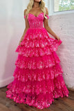 Chic Glitter Ball Gown Hot Pink Corset Off the Shoulder Lace Long Prom Dress Evening Dresses HZ1214