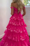 Chic Glitter Ball Gown Hot Pink Corset Off the Shoulder Lace Long Prom Dress Evening Dresses HZ1214
