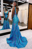 Sexy Charming Mermaid V Neck Blue Sequined Lace Long Prom Dress Evening Dresses HZ1214