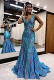 Sexy Charming Mermaid V Neck Blue Sequined Lace Long Prom Dress Evening Dresses HZ1214