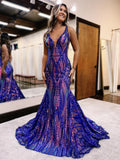 Sexy Charming Mermaid V Neck Blue Sequined Lace Long Prom Dress Evening Dresses HZ1214