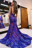 Sexy Charming Mermaid V Neck Blue Sequined Lace Long Prom Dress Evening Dresses HZ1214