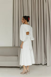 Classy Elegant White Puff Short Sleeves Backless White Midi Dress Wedding Guest Dress Prom Dresses HZ1214