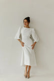 Classy Elegant White Puff Short Sleeves Backless White Midi Dress Wedding Guest Dress Prom Dresses HZ1214