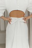 Classy Elegant White Puff Short Sleeves Backless White Midi Dress Wedding Guest Dress Prom Dresses HZ1214