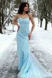 Elegant Mermaid Spaghetti Straps Long Prom Dress With Appliques Lace Evening Dresses HZ1214