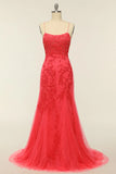 Elegant Mermaid Spaghetti Straps Long Prom Dress With Appliques Lace Evening Dresses HZ1214