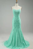 Elegant Mermaid Spaghetti Straps Long Prom Dress With Appliques Lace Evening Dresses HZ1214
