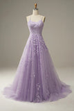 A-Line Purple Spaghetti Straps Long Prom Dress with Appliques Birthday Outfits Party Dress Formal Dress HZ1214