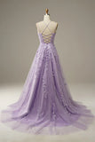 A-Line Purple Spaghetti Straps Long Prom Dress with Appliques Birthday Outfits Party Dress Formal Dress HZ1214