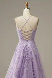 A-Line Purple Spaghetti Straps Long Prom Dress with Appliques Birthday Outfits Party Dress Formal Dress HZ1214