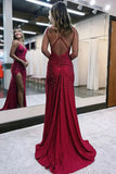Sparkly Dark Red V Neck Sequins Long Prom Dress with Slit Birthday Outfits Party Dress Formal Dress HZ1214