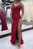 Sparkly Dark Red V Neck Sequins Long Prom Dress with Slit Birthday Outfits Party Dress Formal Dress HZ1214