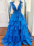 Modest Ball Gown V-neck Long Prom Dress with Ruffle Skirt Birthday Outfits Party Dress Formal Dress HZ1214