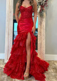 Classy Elegant Red Mermaid Long Prom Dress with Ruffle Skirt Wedding Guest Dress Prom Dresses HZ1214